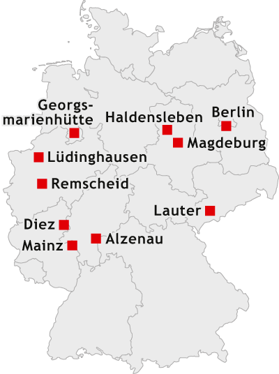 Deutschlandkarte mit den Stützpunkten der GINDAT GmbH